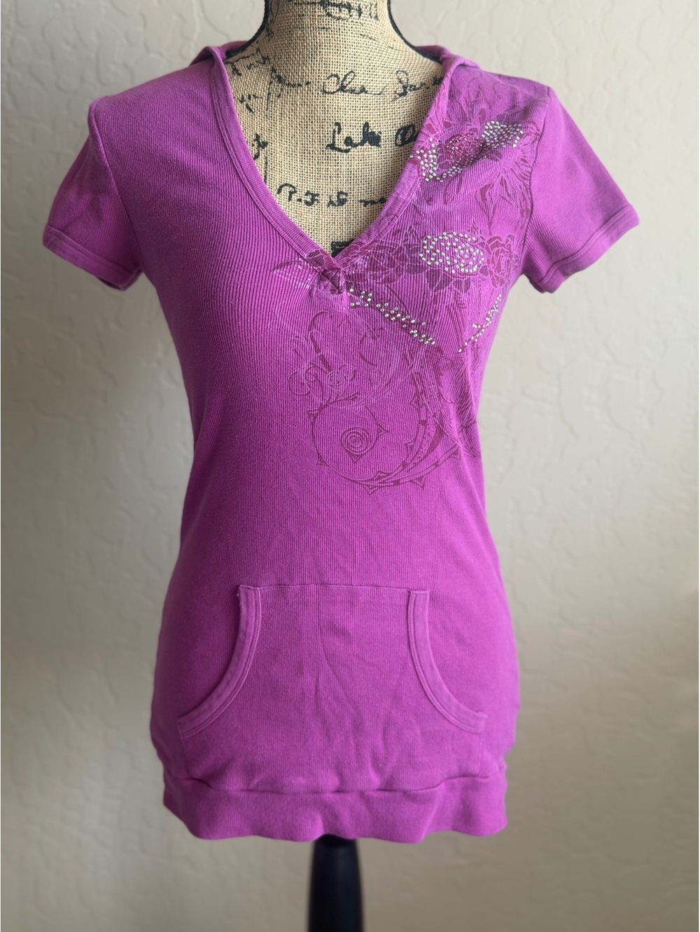 Y2K Cowgirl Up Rhinestone Hooded Tunic Top L Purple Western McBling Roses